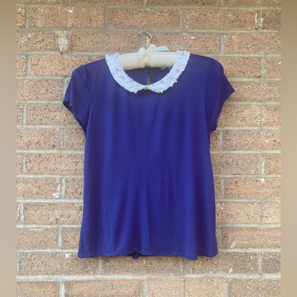 Short Sleeve Top, navy blue, with Faux Pearled Collar, XS
